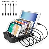 YOJA Ladestation Mehrere Geräte 6 Port USB Multi Ladestation Handy Tablet USB Ladegerät kompatibel mit Handys und Tablets (3 Micro-USB-Kabel, 3 USB C-Kabel) Schwarz