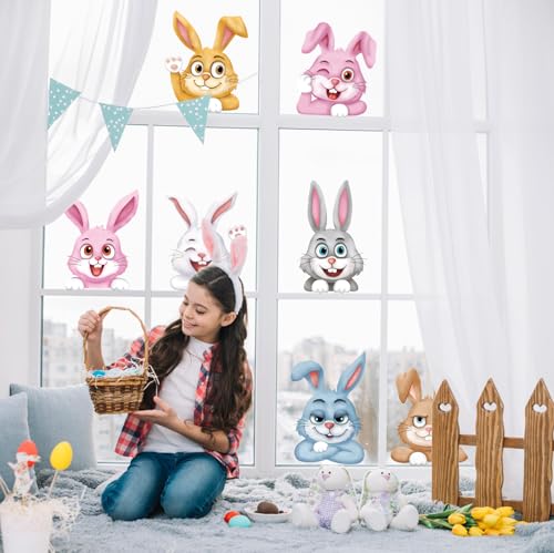 Fensterbilder Ostern Doppelseitig Hasen Schmetterling Fensteraufkleber Fensterdekoration Wiederverwendbar Fenstersticker Fenster Aufkleber Deko Frühling für Glas Kinderzimmer (Bunt Hasen)