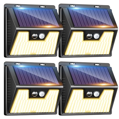 kolpop Luz Solar Exterior potente Blanco cálido, [4 Paquete/3 Modos] focos led exterior solares 140 LED, Luz solar exterior con sensor de movimiento Impermeable IP65 foco solar para terraza