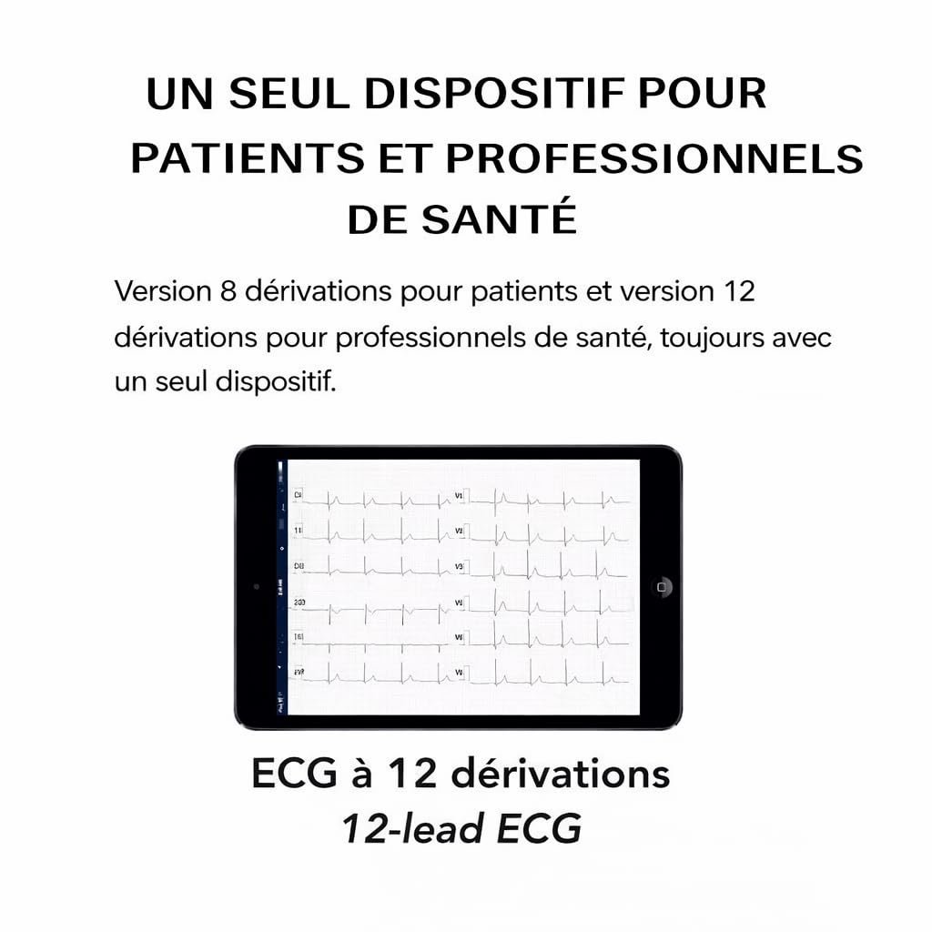 D-Heart ECG Portable Professionnel 8/12 Dérivations | 60 Électrodes Incluses | Calcul PR, QRS | PDF Partageable | Compatible iOS & Android | Dispositif Médical pour Patients et Professionnels