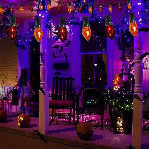 Image of 25Ft C7 Halloween Orange Purple String Lights Outdoor, Christmas Decorations Patio Light with 25 Orange /Purple Flickering Flame Lights Waterproof UL Listed for Outdoor Party Garden Bistro Roof Decor