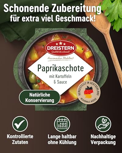 DREISTERN Paprikaschote 400g I Mit würziger Fleischfüllung in Sauce I Herzhaftes Fertiggericht in Mikrowellenschale I Lange Haltbarkeit dank natürlicher Konservierung I Hausmacher Qualität