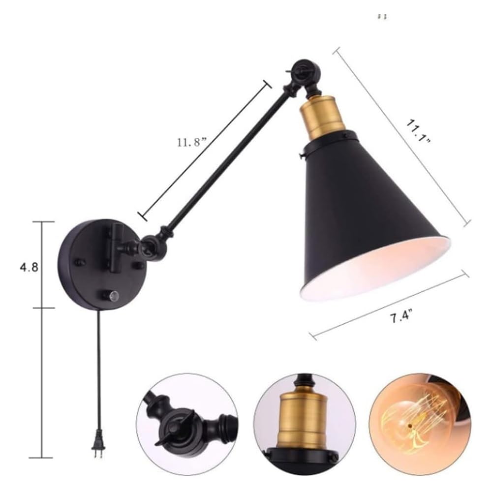Zestaw 2 regulowanych lamp ściennych z obrotowym ramieniem, oświetlenie ścienne do sypialni, salonu, łazienki z przewodową kinkietem, czarne metalowe przemysłowe kinkiety
