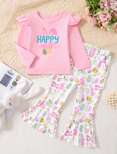 Image of Easter Outfit Toddler Girl Bunny Print Short Sleeve Tee Shirt Cute Flare Pants Easter Outfits for Girls 2-6T