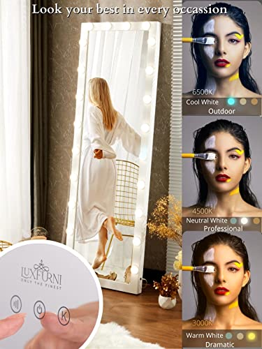 Luxfurni Floor & Full Length Mirrors, Large Standing Body Mirror With Lights, Tall Cheval Mirror For Bedroom, White #TOP3