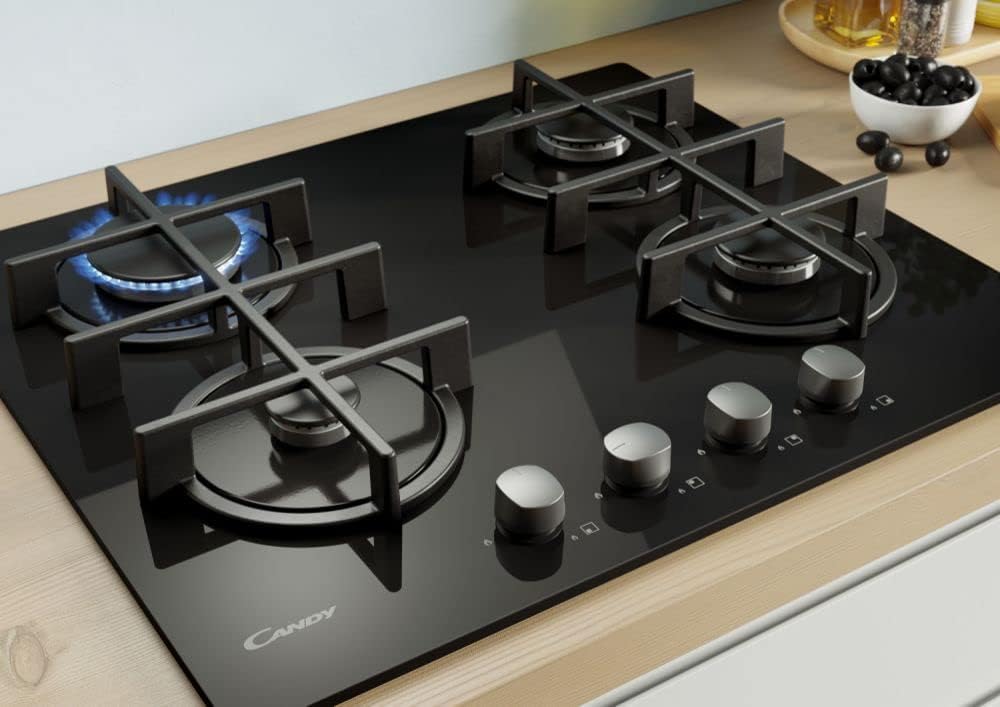 Candy CVG6BR4WPB Piano Cottura a Gas in Vetro Temperato da 60 cm, 4 Fuochi, da Incasso, Griglie in Ghisa, Bruciatore Wok, Valvola di Sicurezza, GPL e Metano, 60x51x50 cm, Nero [Classe di efficienza energetica A+]
