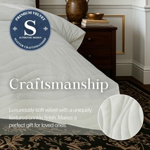 Image of DOWN HOME Crinkle Textured Velvet Quilt Set with Shams, All-Season Luxury Modern Bedding,Easy Care Comforter,Ultra-Soft,Lightweight & Breathable, King, Throne White