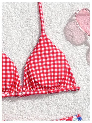 Image of RoseSeek Girl's 2 Piece Swimsuits Floral Gingham Halter Triangle Wireless Bikini Bathing Suit
