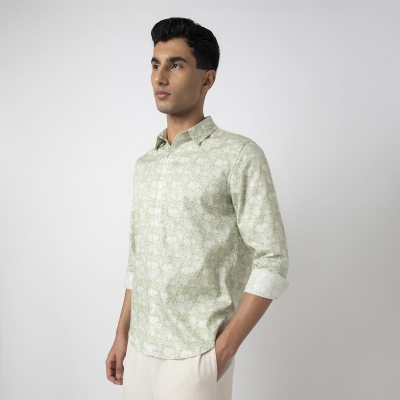 Image of MARK & ALBERT Men's Printed Full Sleeves Regular Fit Shirt Blue | 100% Cotton Stretchable Fabric