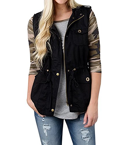 Women Sleeveless Lightweight Vest Jacket Plain Color Military Jacket Vest with Drawstring & Pockets (2.Black, XS)