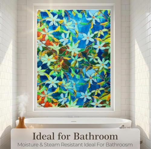 Image of HOME13 Window Privacy Film Frosted Glass Film Decorative Window Sticker Removable Window Film Home Office Privacy Film Window Coverings (Mystic Flower, 2 Feet by 4 Feet)