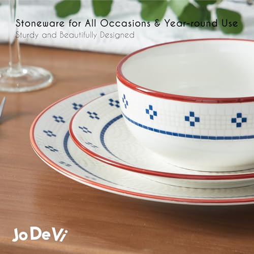 12-Piece Stoneware Dinnerware Set for 4, Geometric Vintage Plates & Bowls - image 7