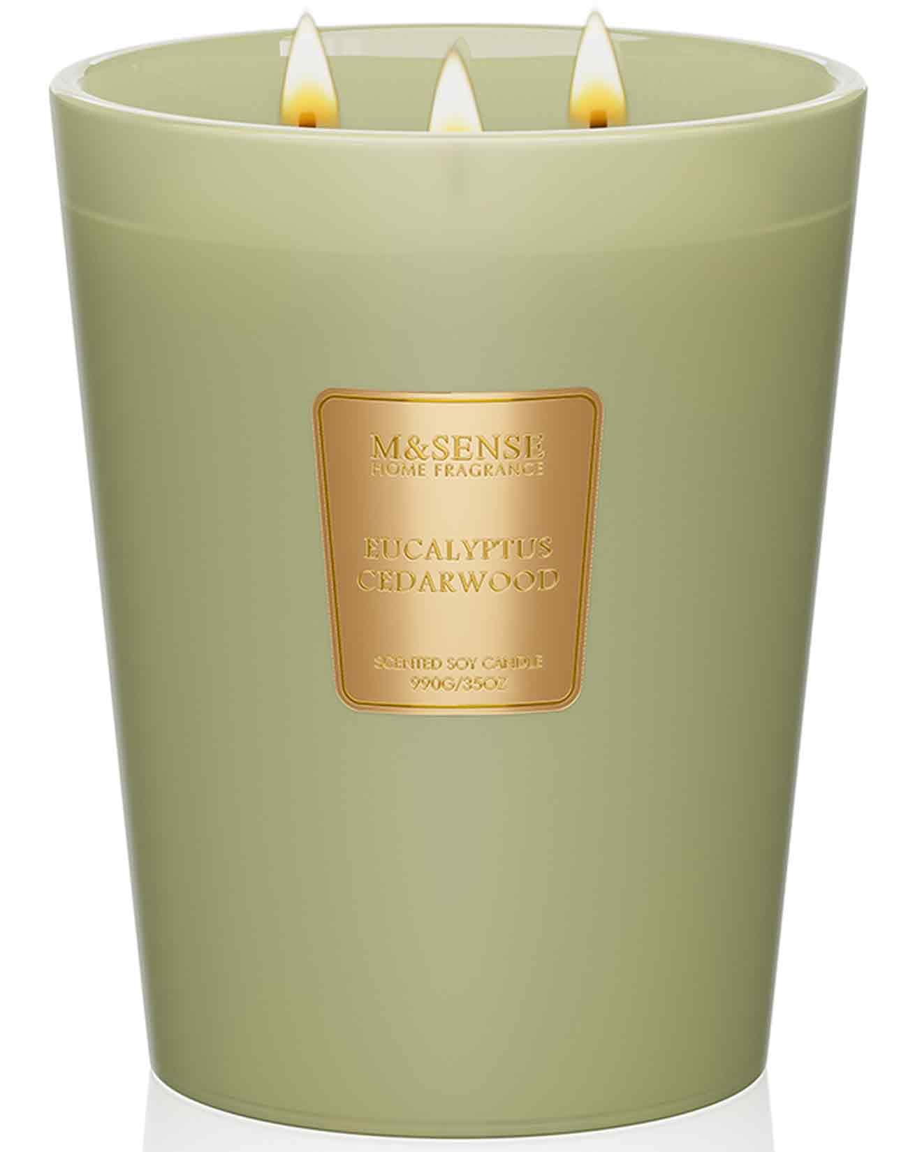 M&SENSE Eucalyptus & Cedarwood Scented Candle, 3 Wick Natural Soy Wax Candles for Home Scented, Green Candles Gift for Winter Holiday Christmas, 150 Hours Long Lasting Slow Burning, 35 OZ