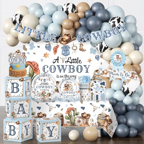 cocomigo 287Pcs Cowboy Baby Shower Decorations All-in-1 Supplies Pack Includes 25 Tableware A Little Cowboy is on the Way Backdrop Tablecloth Balloon Kit for Baby Boy Shower Decorations