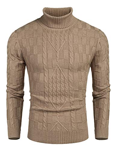 COOFANDY Men's Slim Fit Turtleneck Sweater Cable Knit Ribbed Cotton Pullover Sweaters Khaki