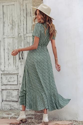 PRETTYGARDEN Women's Summer Maxi Dress Casual Wrap Floral Boho Short Sleeve V Neck Split Ruffle Beach Long Dresses