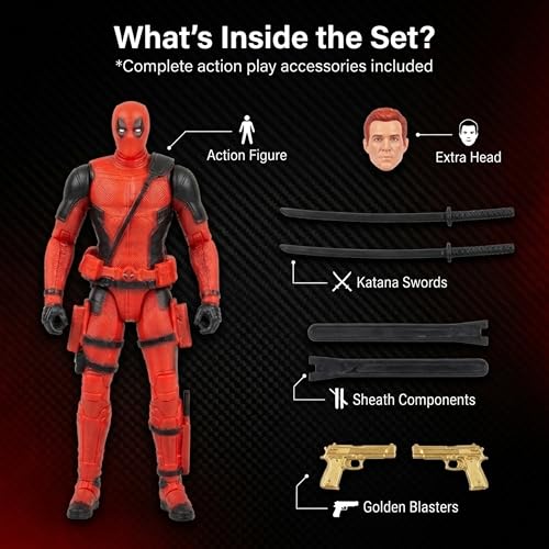 Image of Premium Deadpool Action Figure Collectible, Superhero Display Toy with Weapons, Extra Face & Articulated Design