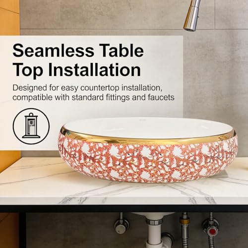 Image of Wallace Designer Oval Table Top Wash Basin 60x40x15 cm | Red & White Floral Pattern with Gold Rim | Premium Ceramic Countertop Vessel Sink | Luxury Above Counter Bathroom Basin