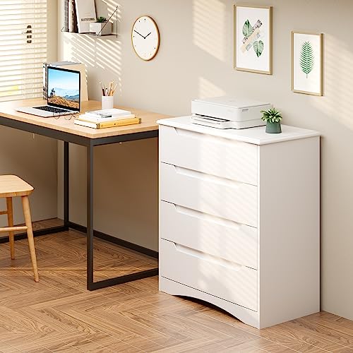 Bealife Kommode Weiß, Schlafzimmer Kommode mit 4 Geräumige Schubladen, Schrank mit Schubladen mit Ausgeschnittenen Griffen und Kippsicherung, Schubladenschrank Ideal für Wohnzimmer, Büro