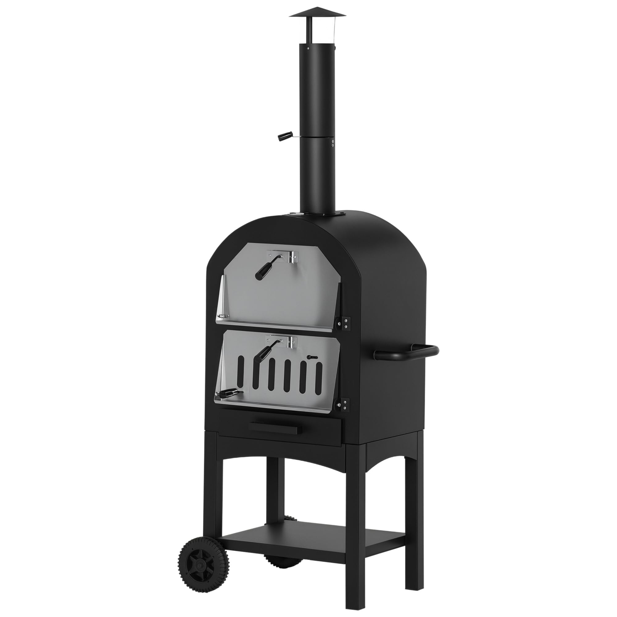 Outsunny Four à Pizza extérieur au Charbon de Bois - Barbecue sur roulettes - Four à Bois - Pierre réfractaire - cheminée, jauge température - Acier au Carbone Noir Gris