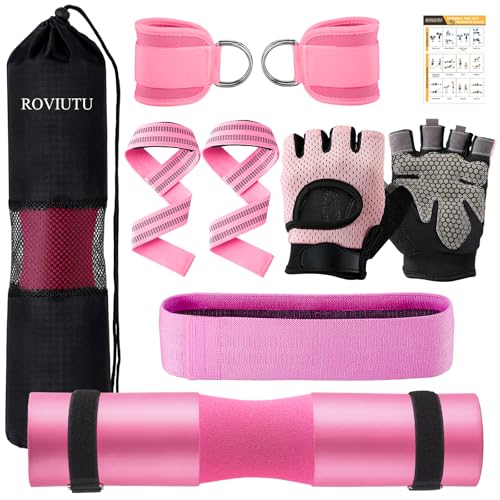 Barbell Pad Set 10 Pcs Barbell pads For Hip Thrust Squat & Lunges Support With 2 Workout Ankle Straps 2 Workout Gloves 2 Gym Straps Weight Lifting Resistance Bands Olympic Bar Pad Carry Bag (Pink Medium-Gloves)