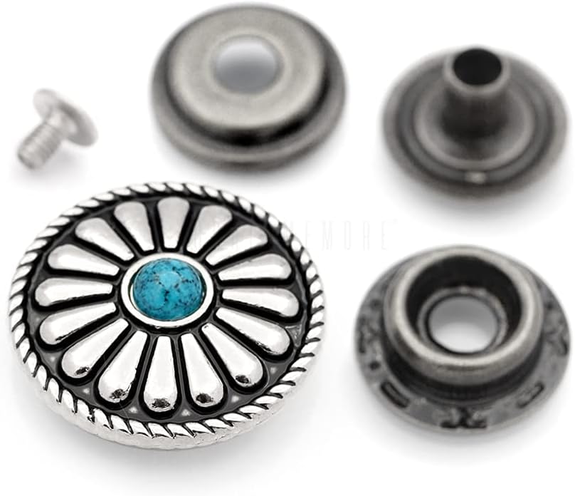 CRAFTMEMORE 2 Sets 1 Inch Coin Concho Snap Fasteners Ring-Socket Snaps Button Faux Turquoise Flower Navajo Decorative Closure DIY Leather Craft (CHS06)