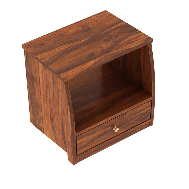 Image of Solid Sheesham Wood Bedside Table with 1 Drawer & 1 Open Shelf Storage for Bedroom, End Table, Side Table for Living Room Home (Natural Finish)