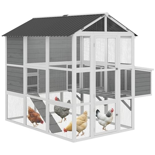 Image of PawHut 77 inch Large Chicken Coop for 6-8 Chickens, Outdoor Wooden Hen House Poultry Cage with Run, 3 Nesting Boxes, Waterproof Roof, Removable Tray, Ramp for Farm Backyard, Gray