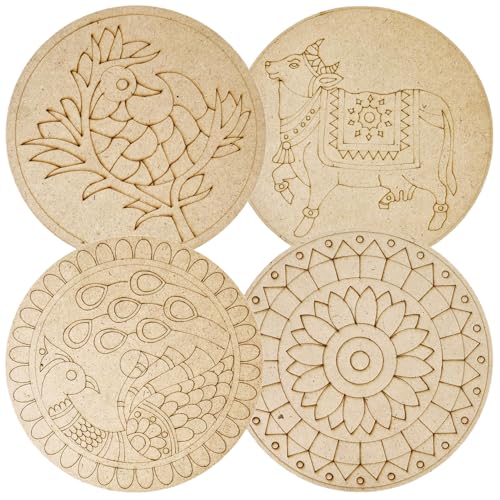 Image of Lippan Art Mandala Art Materials Diy Kit With Four Designs Premarked Mdf Board (4 Pcs Premarked Art Board, Diwali Decoration For Home Decor Engraved Painting MDF Base for DIY Decorations, Festival Gift, Wedding Decorations 8. inch