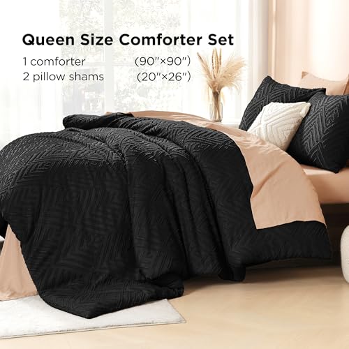 Image of Litanika Black Queen Comforter Set, 3 Pieces Tufted Boho Farmhouse Bedding Comforter Sets, Lightweight Fluffy Comforter Bed Set for All Season (90x90In Comforter and 2 Pillowcases)