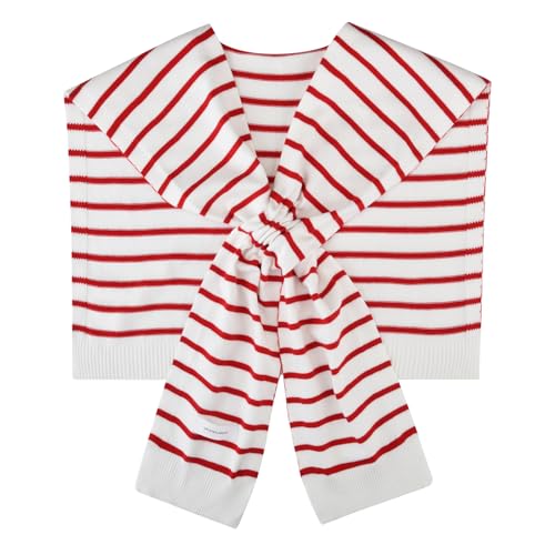 WaJuemy Women's Sweater Shawl Wraps Sleeves Knitted Collar Sweater Scarf Top Casual Lightweight Shoulder Cape Accessories (18 Red/White stripe)