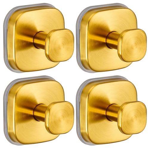 Image of Suction Cup Hooks for Shower - Resuable Bathroom Hooks for Towels, Robes & Loofah - No-Drill Mounting on Kitchen,Walls,Metal,Glass,Mirrors,Tile & Smooth Non-Porous Surfaces (4, Brushed Gold)