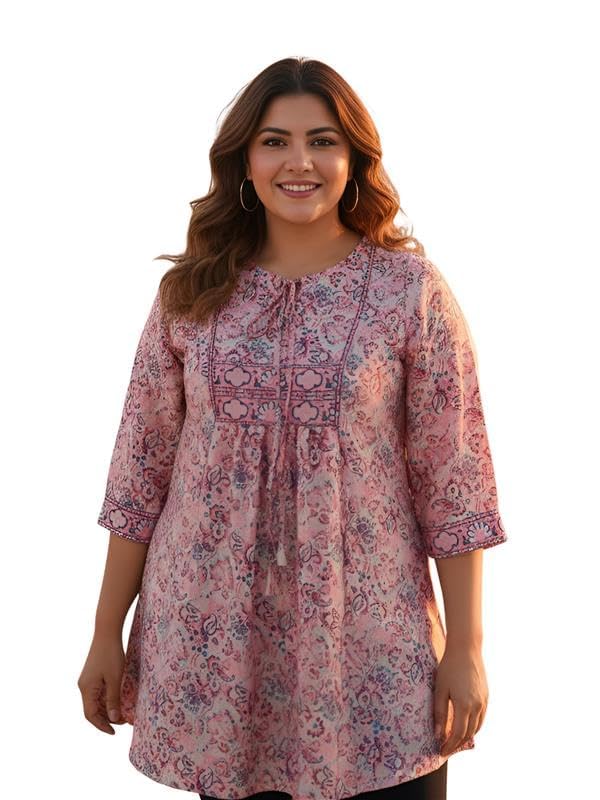 Image of Yash Gallery Women's Polyester Relaxed Fit Short Floral Placet 3 /4 Sleeve and Keyhole Neck Printed Kurti