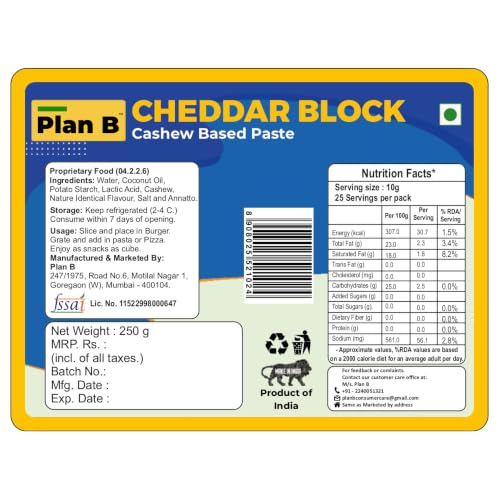 Image of Plan B Plant-Based Cheddar Cheese Block-Pack Of 2(250 g each) | Dairy-Free, Lactose-Free, Ideal for Melting, Grating & Cooking - Made with Cashews - Delicious Cheese Alternative