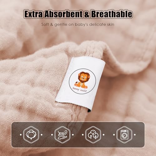 Image of Sunny zzzZZ Muslin Hooded Baby Bath Towels - 3 Pack 100% Cotton Soft Low-Saturation Pastel Towels Including Classic White for Newborns, Infants, Toddlers - 32x32 Inch - Light Bean Paste and White
