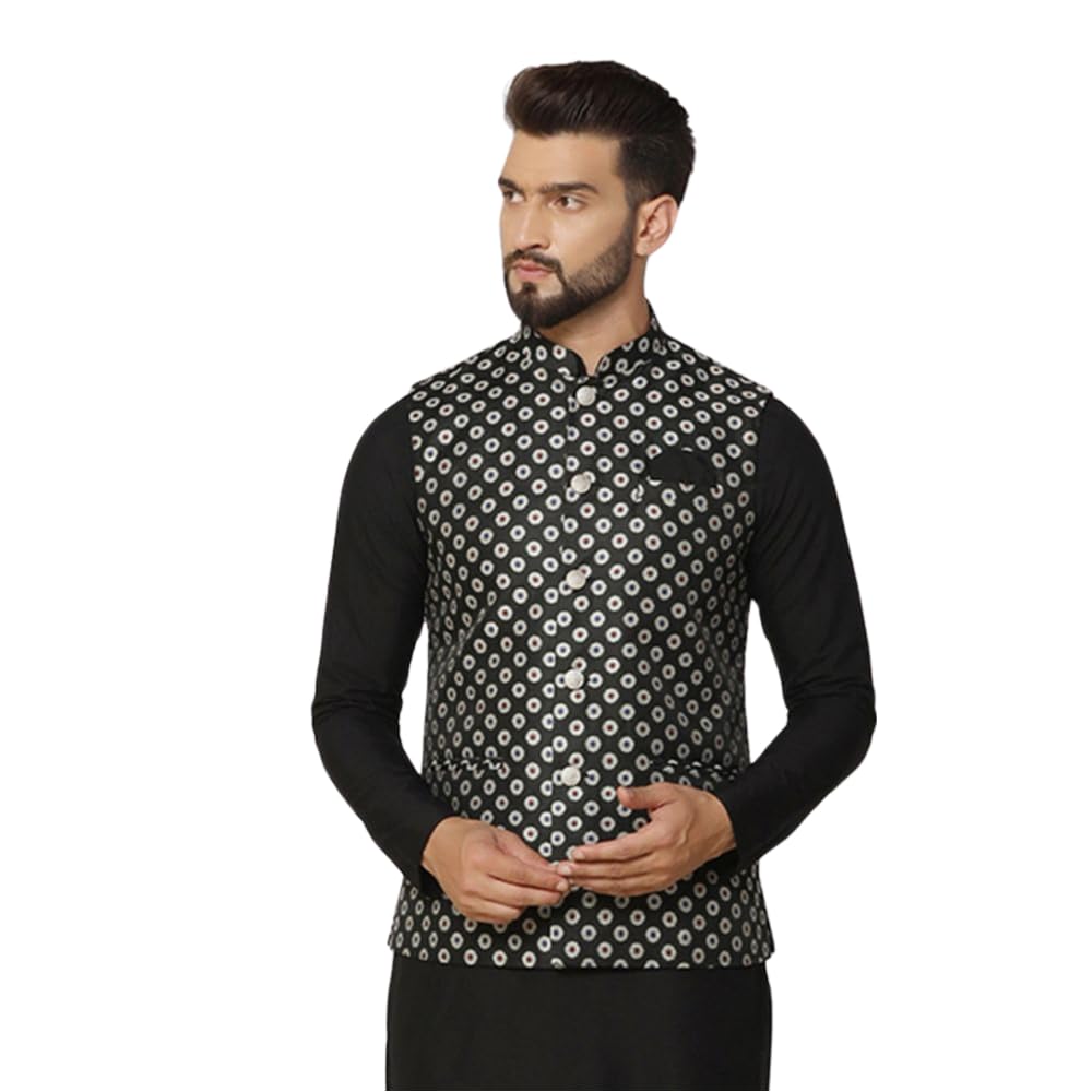 kisah Men's Nehru Jacket, Black Silk Blend, Woven Design Sleeveless Mandarin Collar Regular Fit-picture-22