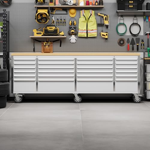 Image of PeakPursuit 96 inch Rolling Tool Chest with 24 Drawers, Solid Rubber Wood Workbench Top, Locking Wheels & Key Lock, Mobile Garage Storage Cabinet for Workshop Organization, Silver