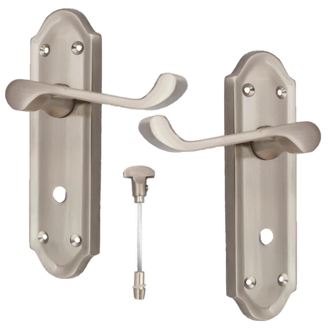 Epsom Door Handle Victorian Style Satin Finish Bathroom Set – Lever on Backplate – Includes Privacy Turn & Sash Mechanism – 1 Pair