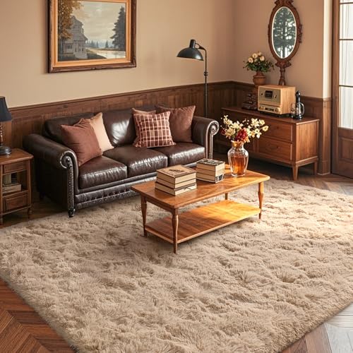5x7 Living Room Rugs Fluffy Neutral Beige Area Rug,Modern Plush Non-Slip Soft Bedroom Shag Carpet for Book Room Office,Coffee Stain Resistant