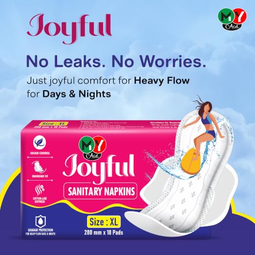 Image of Joyful Sanitary Napkins for Women | Cotton Soft, Super Absorbent, Odour & Rash Free, Leak-Proof Pad for Heavy Flow, Overnight Protection & Travel, Xl, 54 pads, Pack of 3