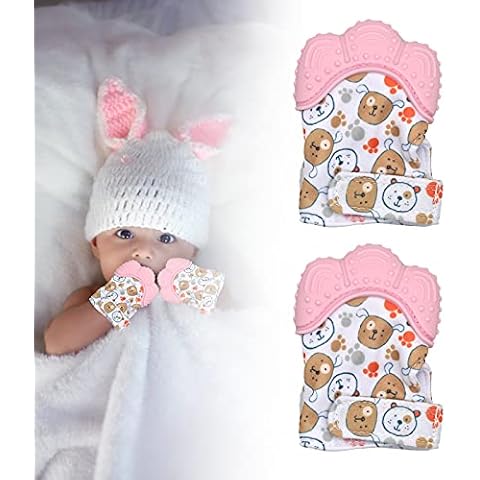 Angzhili 2 Pack Teething Mittens for Baby, Safe Silicone Mitten Teether Glove, Prevent Scratches Protection Gloves Soothing Pain Relief Mitt Stimulating Teething for Baby (Pink) Cover