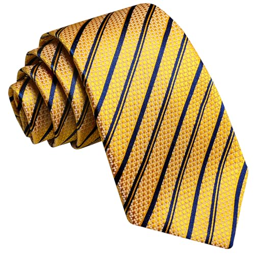 Image of Barry.Wang Gold Blue Silk Men Ties Formal Stripes Necktie and Tie Clip for Wedding Party Business Fashion Classic