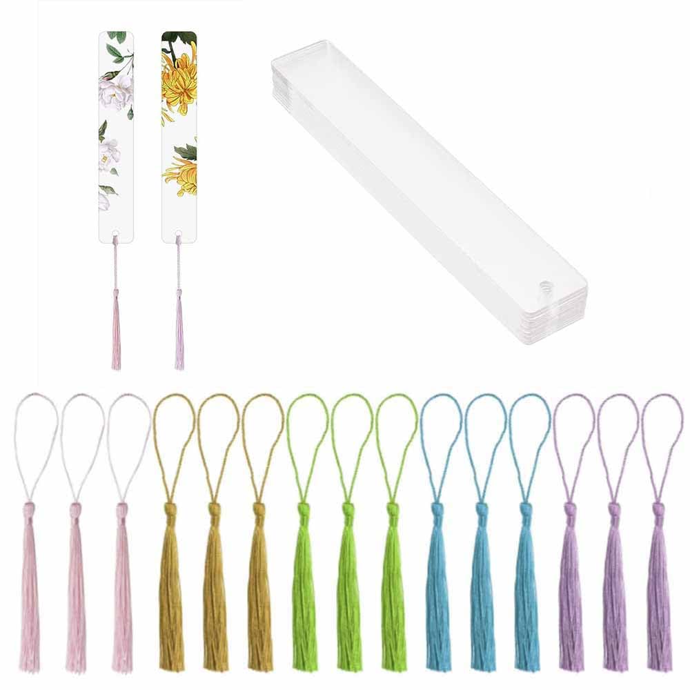 15Pcs Acrylic Bookmark, Mini Blank Tassel Bookmarks with Hole for Classroom Projects and DIY Present Tags, Rectangle