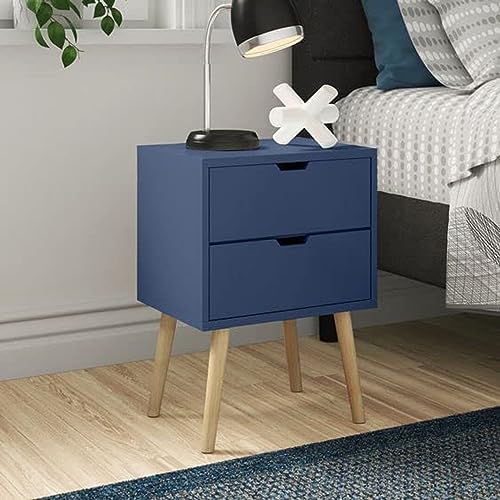 Image of Storage Nightstand Mid-Century Modern Bedside Table with Solid Wood 4 Legs Minimalist and Practical End Side Table- 2 Drawer-Blue