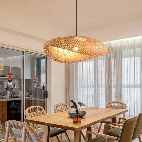 Lustre en bambou tissé à la main, suspension artisanale de qualité pour îlot de cuisine