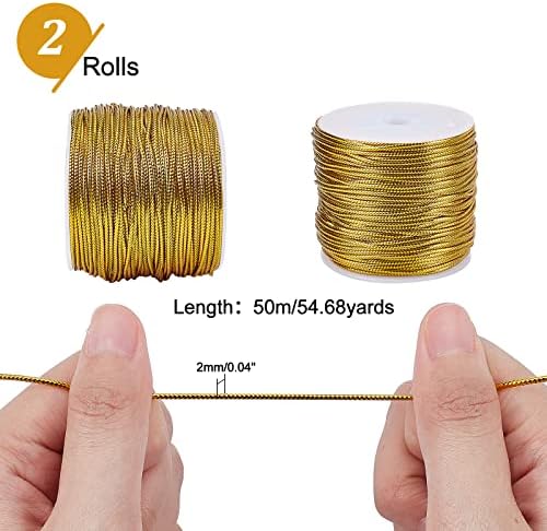 PandaHall Elite about 100m 2mm Metallic Cord Gold Braided Metallic Beading Cords Metallic Tinsel Cord Tinsel String for Gift Wrap Ribbon Craft Making, 2 Rolls