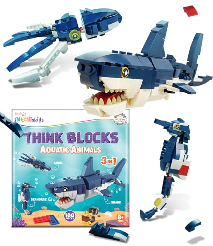 Image of Intelliskills Think Blocks: 3-in-1 Aquatic Animals 118 Piece Set,Shark, Squid&Seahorse, Model Building Kit for Kids,STEM Construction Set for Toddlers,Assemble&Play Game,Activity&Gifting Toy (Blue)