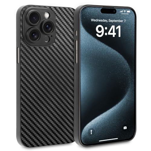 doupi Ultra Slim Coque Compatible avec iPhone 15 Pro (6,1 Pouces), Carbon Fiber Look Optique de Fibre de Carbone Ultra Mince Cover Housse de Protection, Noir