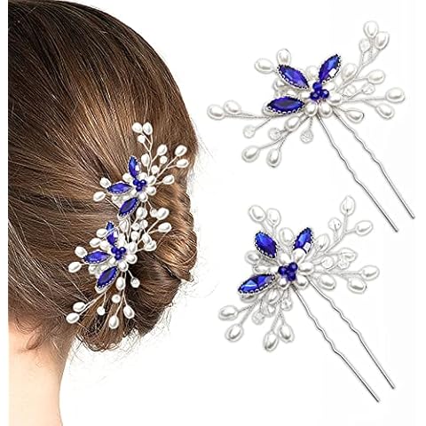 Flower Bride Wedding Hair Flower Bridal Hair Pins Hair Accessories Rhinestone Women Wedding Bridesmaid Hair Accessories for Women and Girls (Blue) Cover