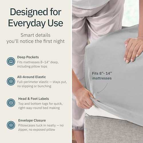 Image of Super Soft 100% Cotton Queen Bed Sheets, 4 Pc Set, Light Grey | Lightweight & Breathable For Hot Sleepers, 14 inch Deep Pocket, All-Around Elastic, Durable, Easy Care, OekoTex Certified
